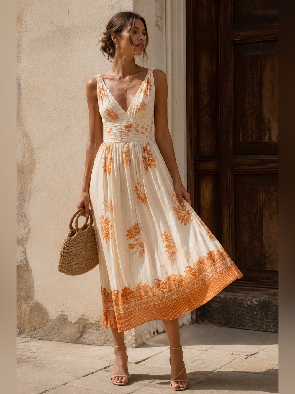 100% Silk Midi Dress Orange Floral Size 2 Laundry by Shelli Segal Summer Event